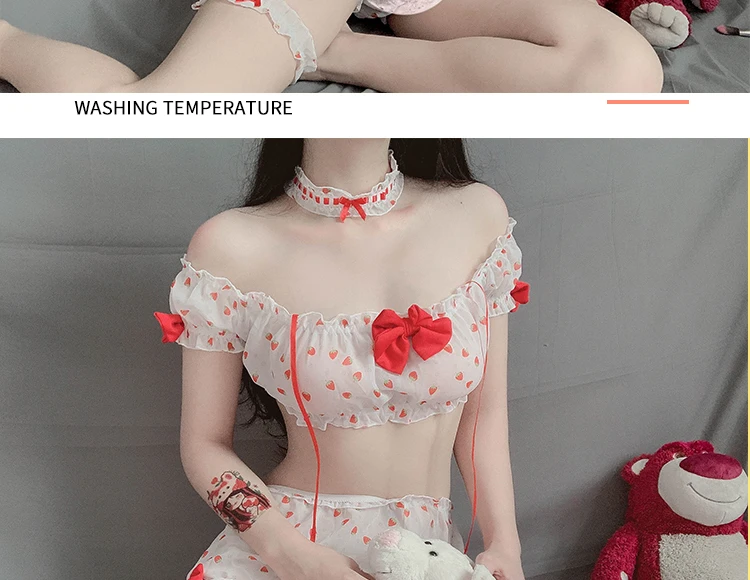 Lovely Sexy Pajama Sweet Strawberry Print Lingerie Set Uniforms School Girl Kawaii Anime Cosplay Bowknot Pajamas with Choker