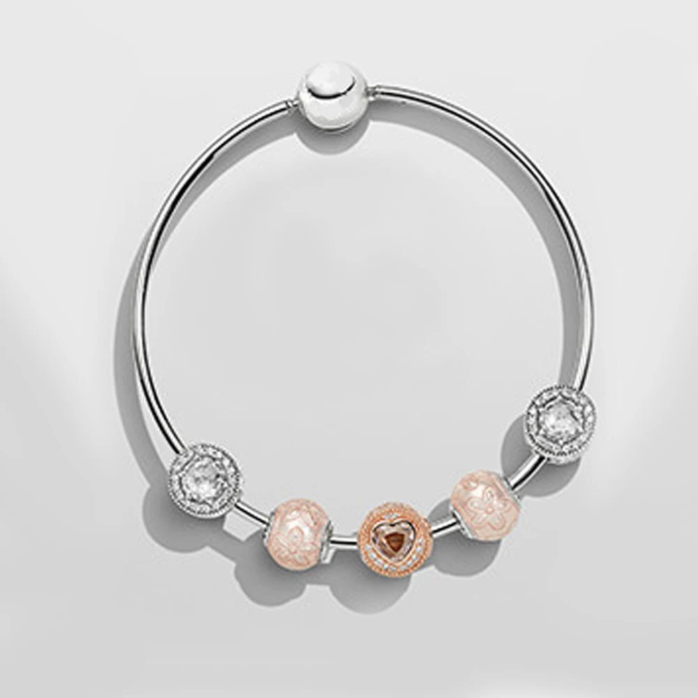 

NEW925 Высокое качество Европейский Стиль из розового золота с украшением в виде кристаллов Серебряный Бисер Очарование Браслеты для женщин, ...