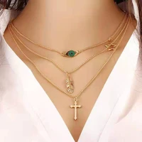 fashion european and american eyes leaf temperament necklace simple multi layer metal clothes accessories cross clavicle chain