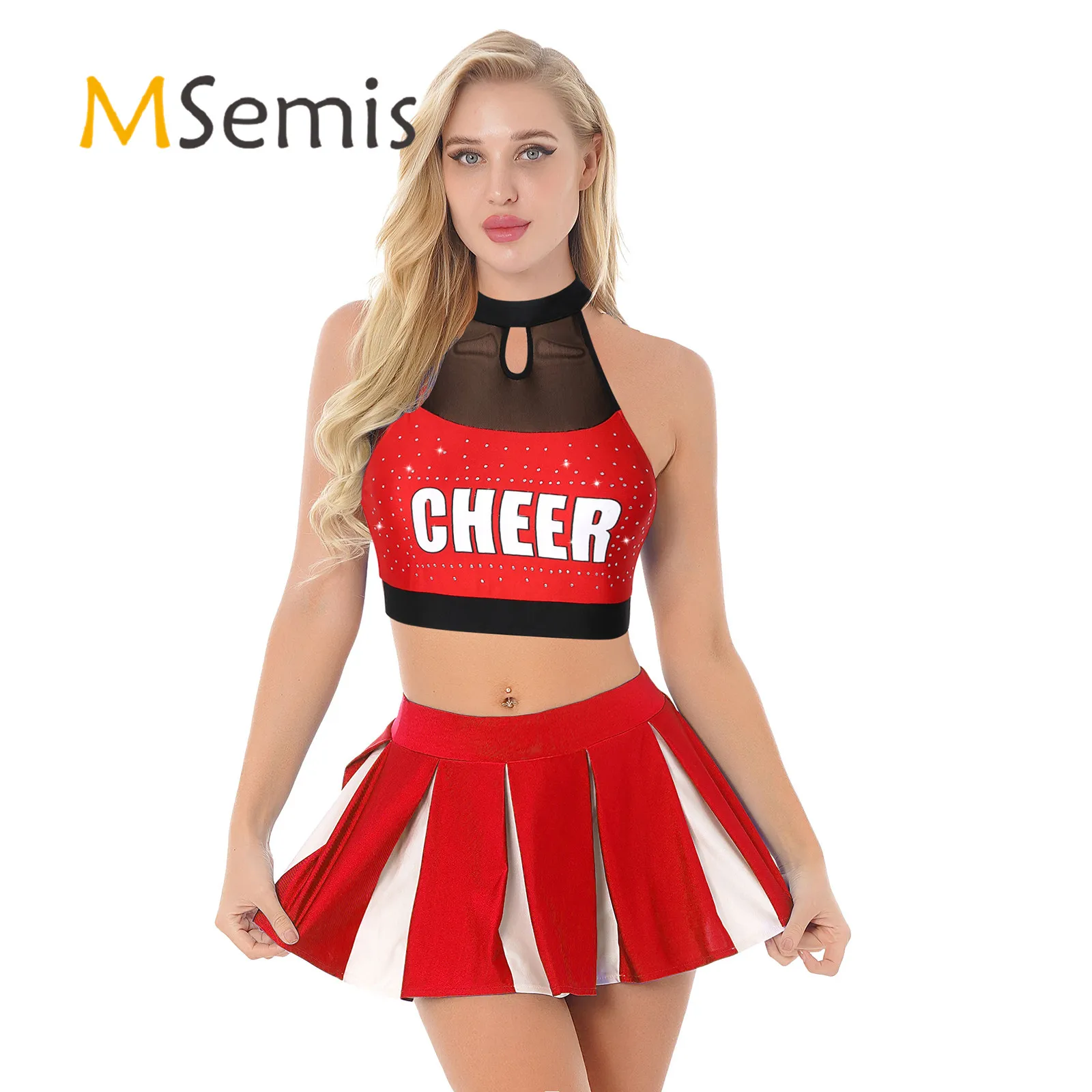 

Womens Ladies School Girls Cheer Leader Dance Costume Shiny Halter Crop Top with Color Block Pleated Skirt Cheerleading Unform