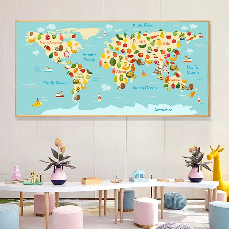 

Modern Blue Green Map of the World Animal Fruit Canvas Painting Art Printing Poster Picture for Kid Room Home Decor Cuadros