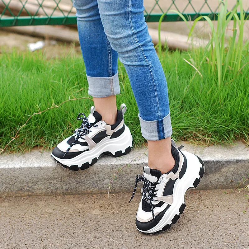 

Women Sneakers Women's Lace Up Vulcanized Woman Fashion Breathable Platform Thick Bottom Female Casual Black 2021 Ladies Shoes