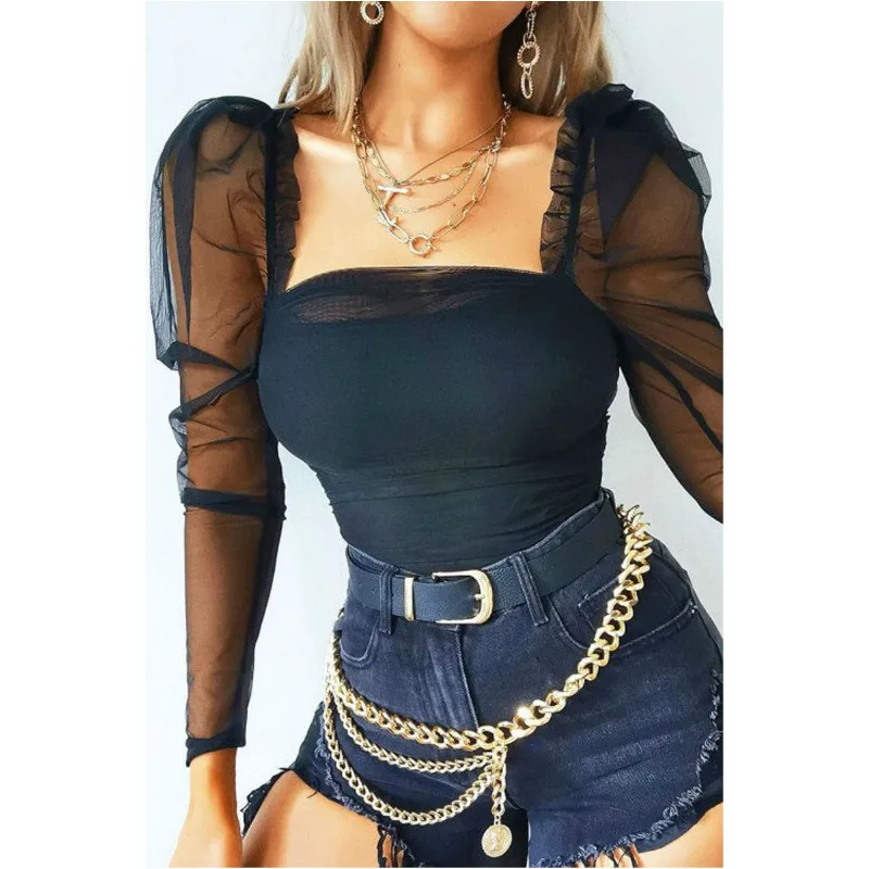 

Fashion Black Contrast Mesh Gigot Sleeve Mid Waist Skinny Bodysuit Women Autumn Plain Elegant Bodysuits