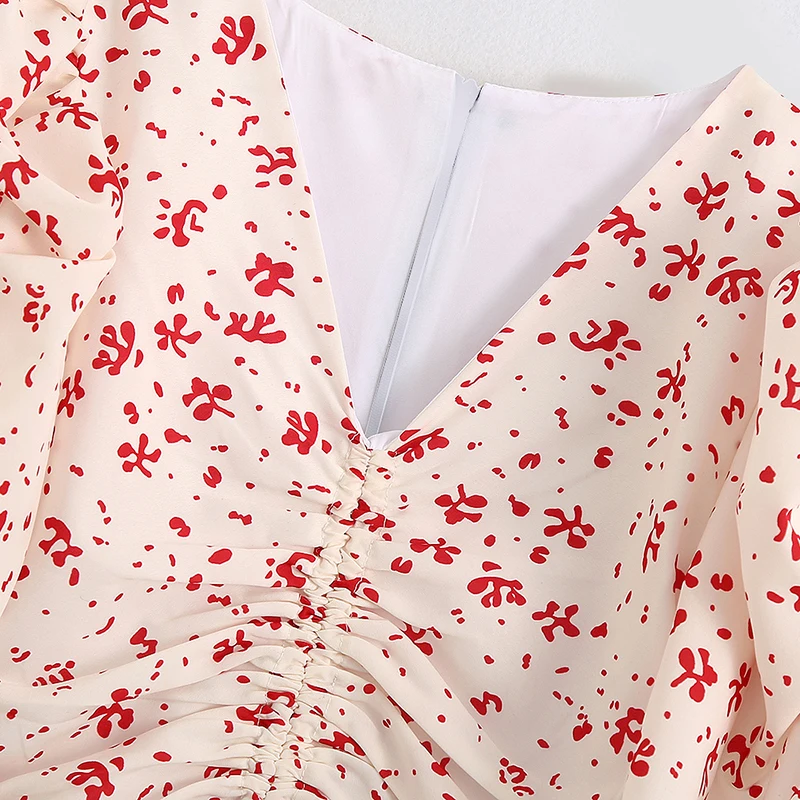 Элегантное платье с v образным вырезом и принтом пышное бантом коротким рукавом