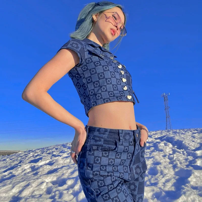 

2021 Print Blue Jean Pants Women Y2K High Waist Summer Spring Vintage Fashion Wide Leg Casual Denim Long Trousers Harajuku FSDA