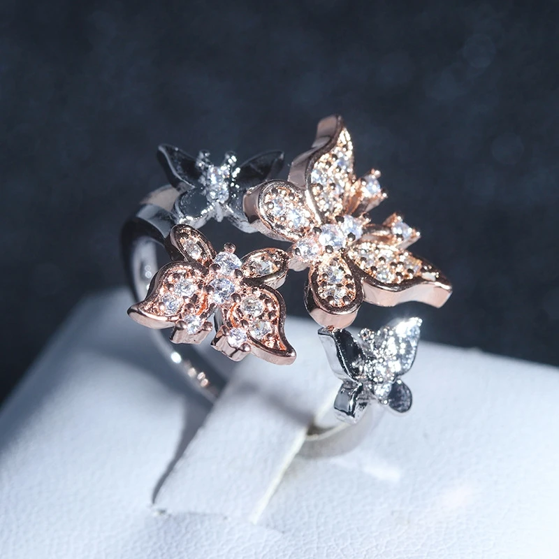 Романтическая бабочка свадебное CZ серебряное розовое золото кольцо Высокое