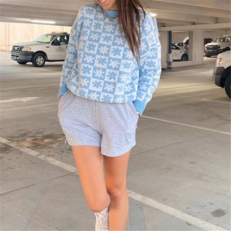 

Autumn Sweaters Fashion Girl Loose Print Floral Contrast Color Long Sleeve Woman Casual Knitted Pullovers Female Vintage Sweater