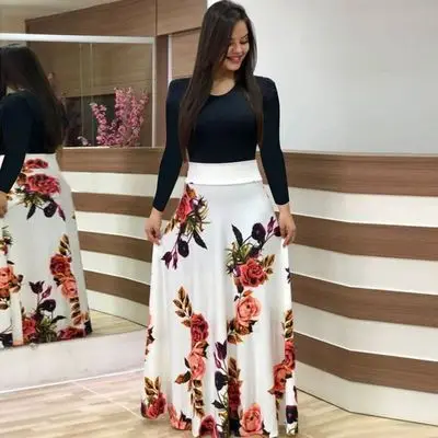 

2021 style flower print color matching dress long skirt women's clothing