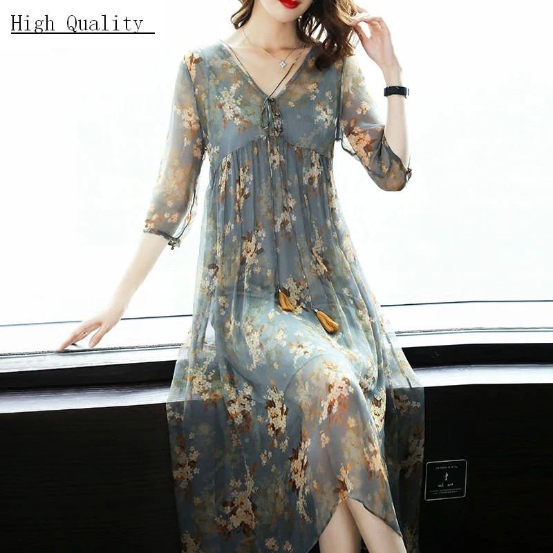 Летнее женское шелковое платье с цветочным принтом винтажные платья макси