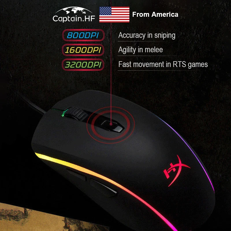 US Captain Профессиональная Игровая Мышь Hyper X Pulsefire Surge RGB Регулируемая DPI Работающая с