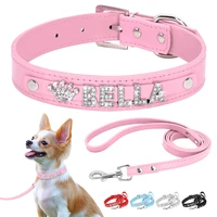 cute personalized dog cat collar leash adjustable bling rhinestone puppy kitten collar custom necklace chihuahua pet accessories