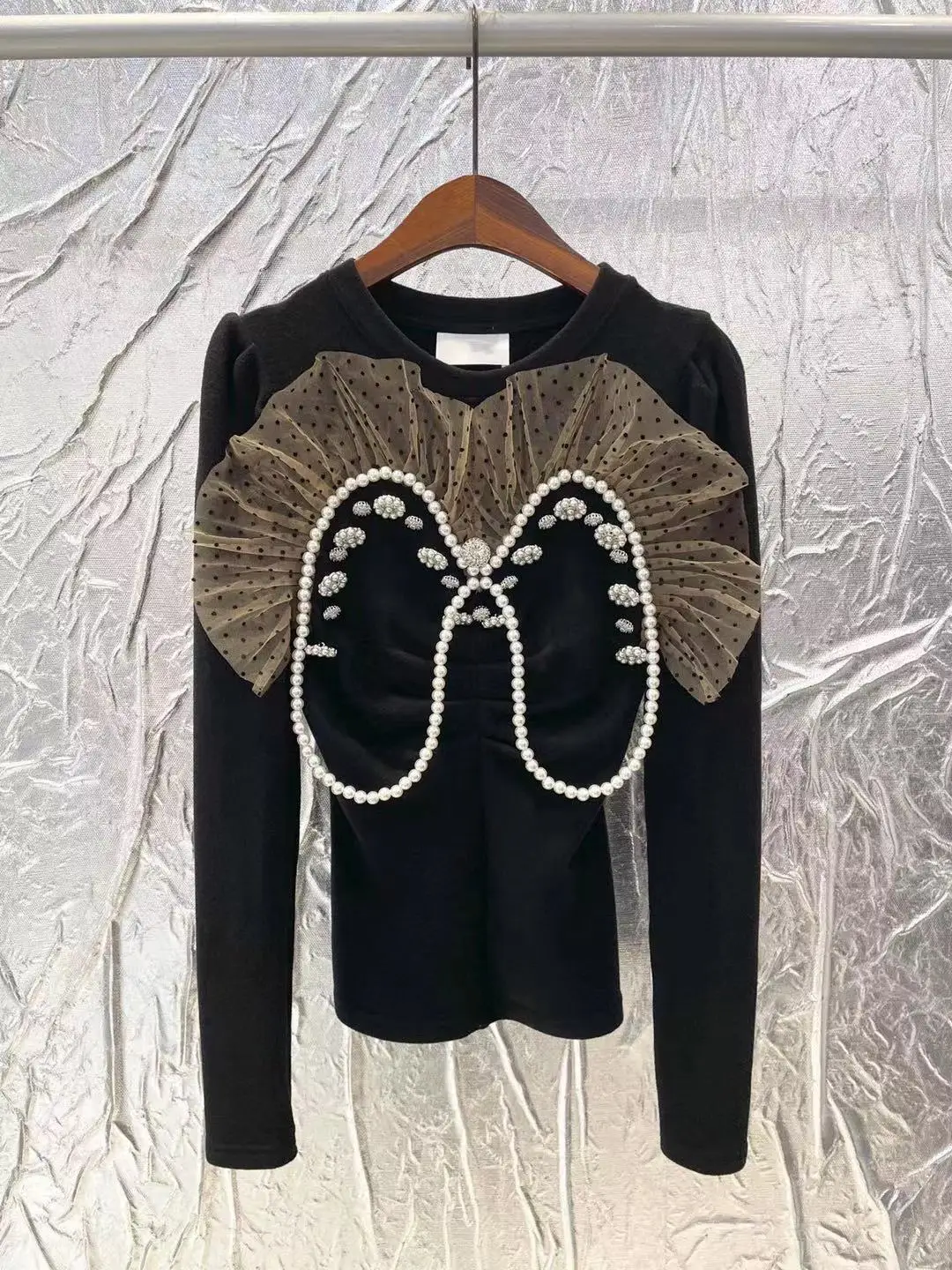 

Long Sleeves Black Blouse Mesh Dot Print Patchwork Diamonds Pearl Femme All-match Women Blouse Pullover Top