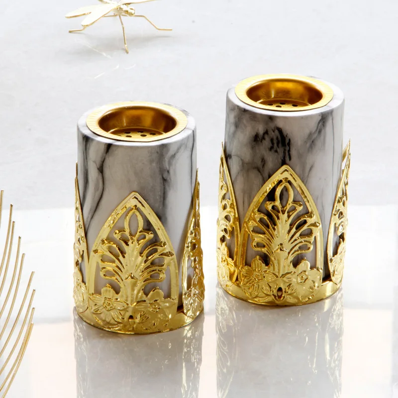 

European Luxury Incense Burner Holder Golden Wrought Iron Marble Pattern Ceramic Combination Aromatherapy Burner Decoration