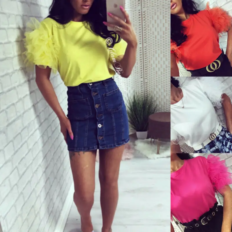 Модные Женские однотонные кружевные блузки с круглым вырезом свободные тюлевые