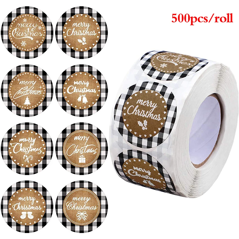 

500pcs/roll Merry Christmas Handmade Gifts Baking Sealing Stickers Balck White Gride Sticker