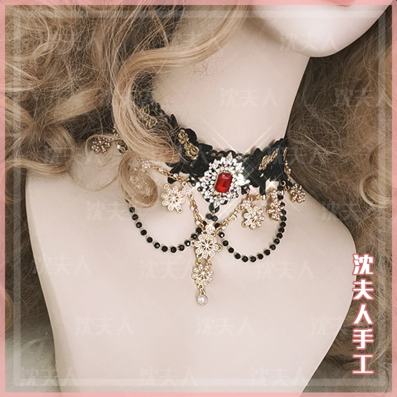 

Handmade Gothic Vintage Lolita Choker Style Pendants Multilayer Black pearl Lace Flower Gem noble Necklace Collarbone Chain