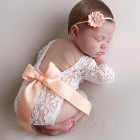 2pcsset newborn baby bow decor backless lace romper hairband photography props