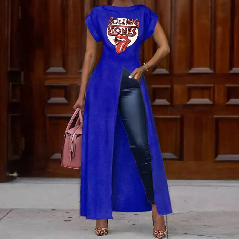 Летняя женская длинная футболка с коротким рукавом и круглым вырезом высоким