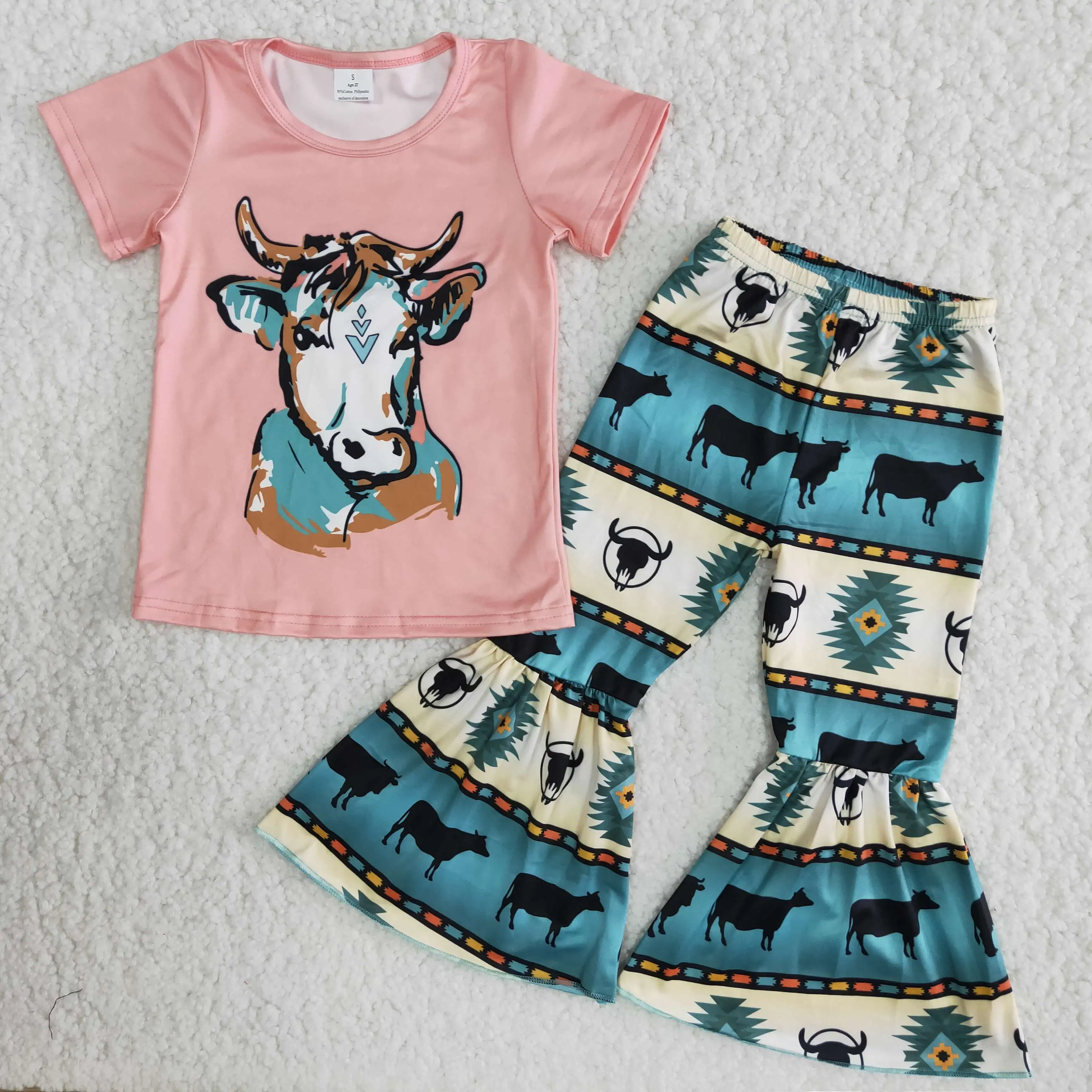 

Summer Girl's Cow Pattern Pink Shirts And Blue Bell-bottom Pants Kids Boutique Clothing Sets