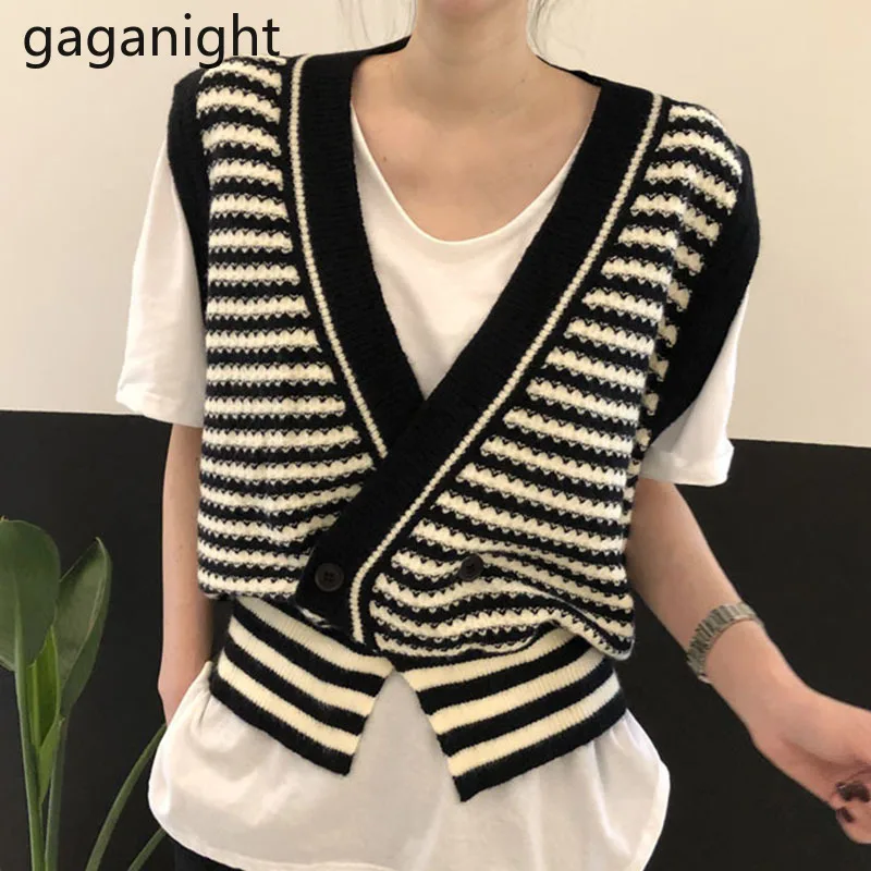 

Gaganight корейский женский свитер жилет полосатый шикарный модный вязаный Свободный Топ с v-образным вырезом во французском стиле весенние осе...