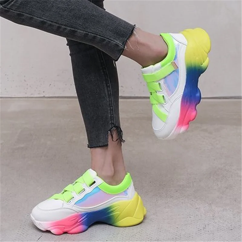 

Spring Autumn Women Breathable Comfortable Platform Sneakers Fashion Chunky Mixed Color Rainbow Velcro Sports Basket Shoes