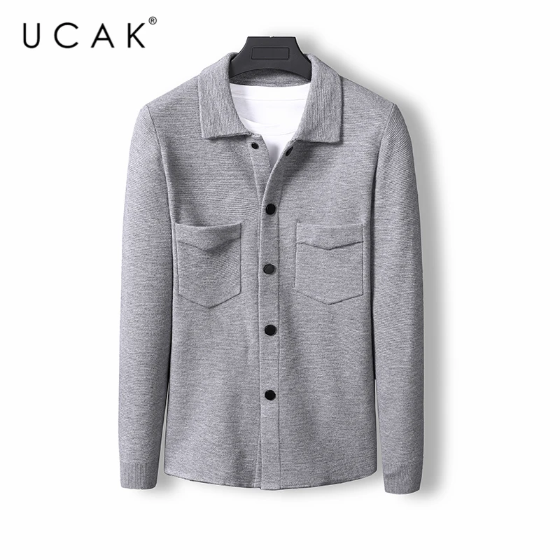 UCAK Brand Casual Cardigans Men Clothes  Button Pockets Sweatercoat Clothing Streetwear Solid Color Cardigan Pull Homme U1221