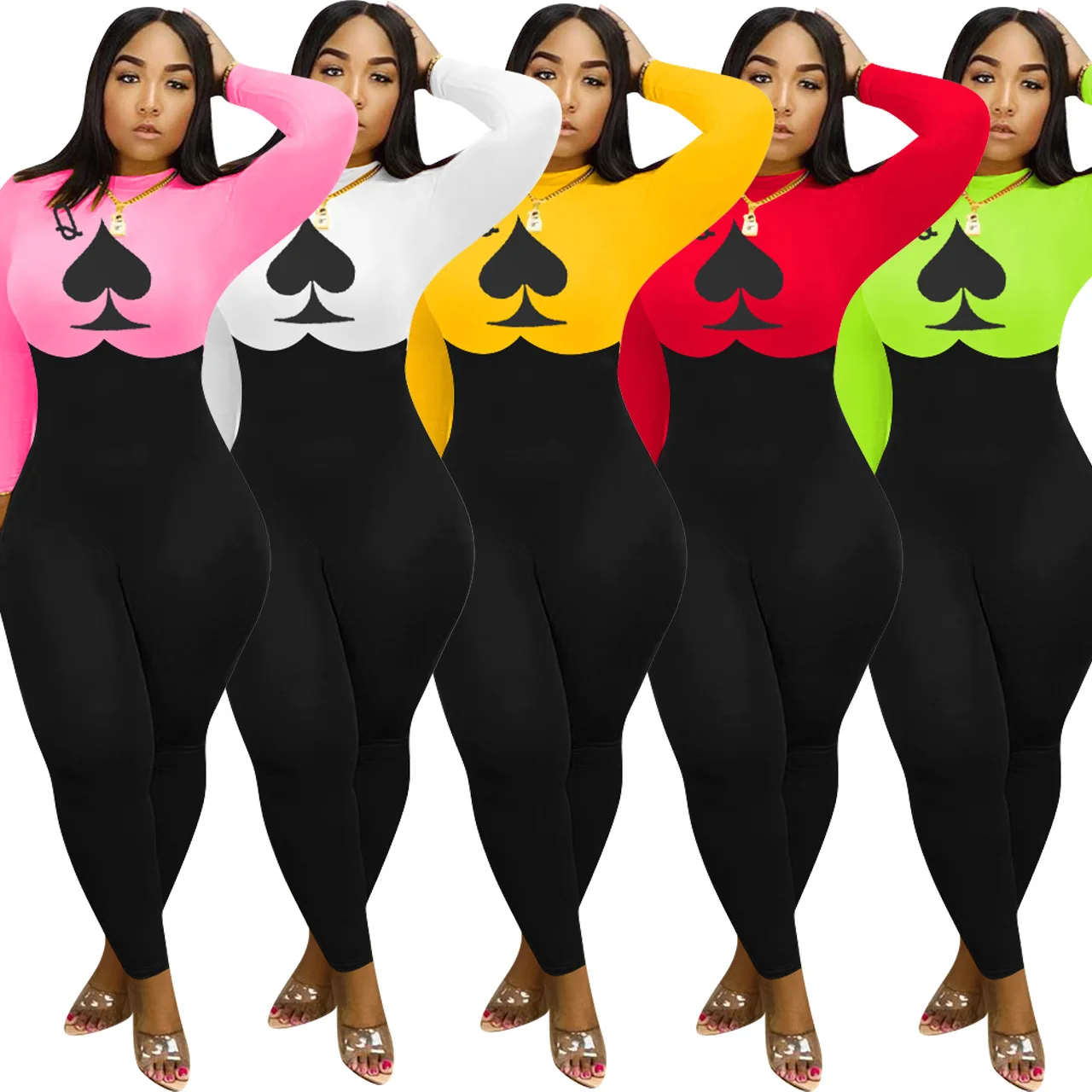 

CYGM Playsuits Party Elegant Patchwork Rompers and Jumpsuits for Women Poker Card Spade Q Sexy Jumpsuit Zipper O-Neck Club