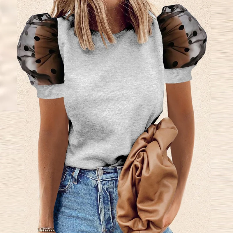 

2021 Summer New Sexy O-Neck Beaded Design Blouse Women Shirts Elegant Solid Puff Sleeve Tops Pullover Female Casual Simple Blusa