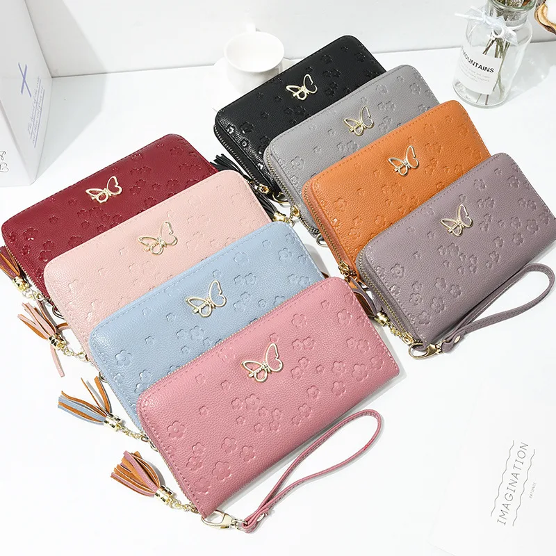 

Women Thin Wallet New PU Leather Solid Color Floral Butterfly Tassel Women Purse Phone Wallet Long Card Holders Bag