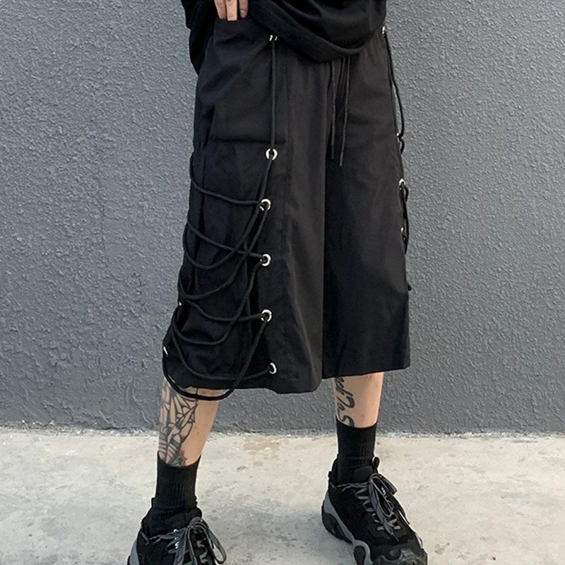 

Techwear Hip Hop Braided Belt Hip Hop Cargo Shorts Men Streetwear Loose Short Pants Black Oversized Summer Sport Casual Shorts