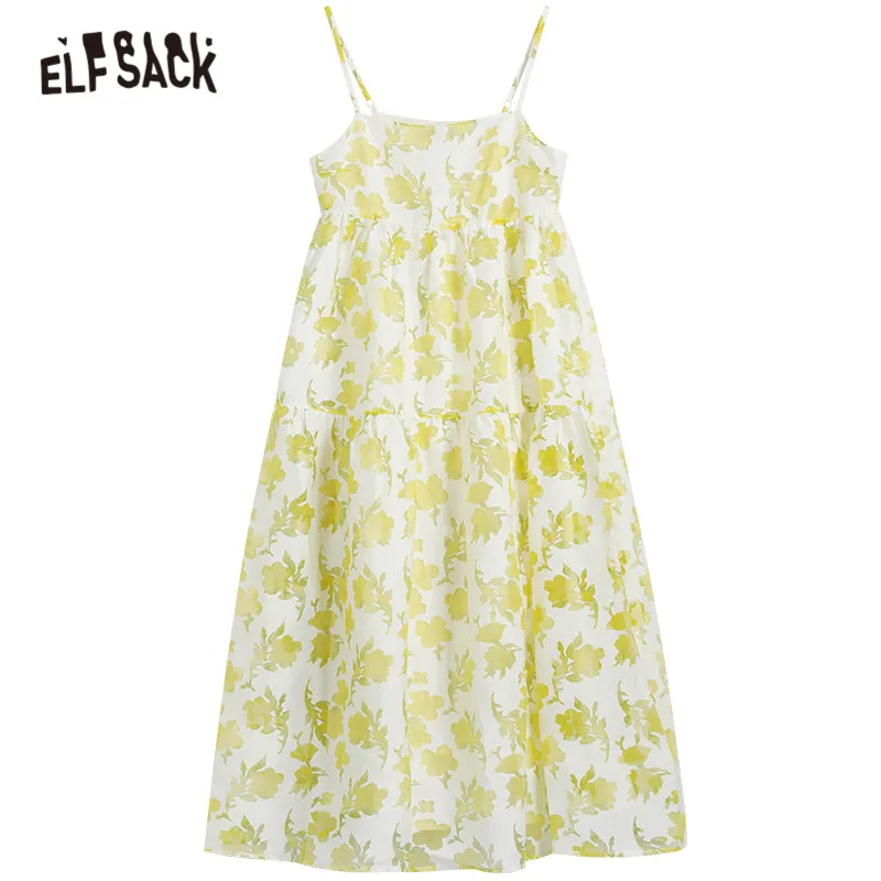 

ELFSACK Floral Print High Waist Casual Bohemia Slip Dresses Women 2021 Summer Vintage Sexy Ladies Chiffon Party Dress