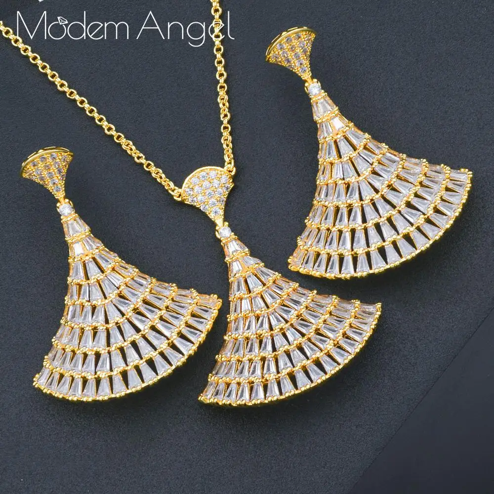 

ModemAngel Luxury fan shape Micro Zirconia Necklace Earring Jewelry Sets For Women Wedding Indian Dubai Bridal Jewelry Sets