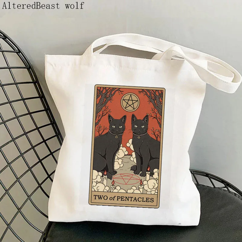 

Women Shopper bag Two of Pentacles cat Tarot Bag Harajuku Shopping Canvas Shopper Bag girl handbag Tote Shoulder Lady Bag