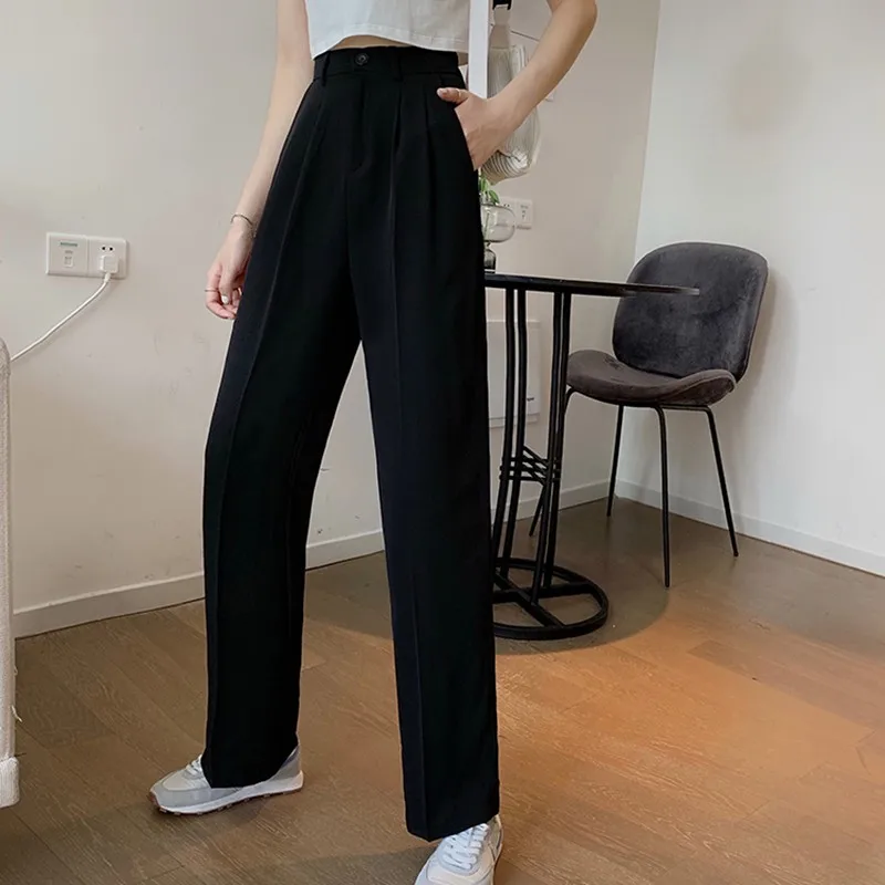 

Women High Waist Casual Pants New Arrival 2021 Spring Autumn Solid Color All-match Ladies Straight Elegant Trousers W409