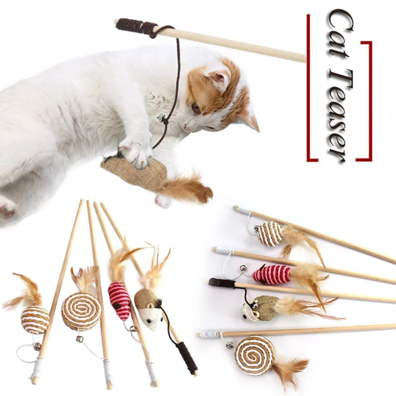 

75cm Pet Cat Toys Stick Teaser Feather Linen Wand Cat Catcher Teaser Wood Rod Mouse Toy With Mini Bell Cat Interactive Toys