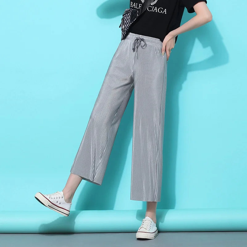 Женские Плиссированные широкие брюки в полоску женские укороченные с эластичным