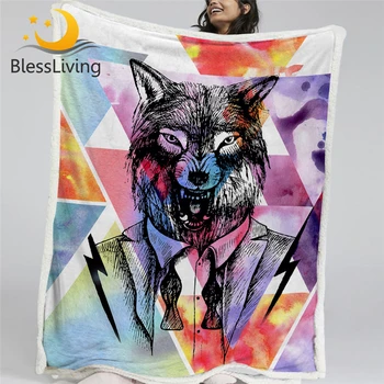 BlessLiving Wolf Blankets For Beds Watercolor Plush Blanket Hipster Animal Fashion Furry Blanket Geometric Colorful couverture 1