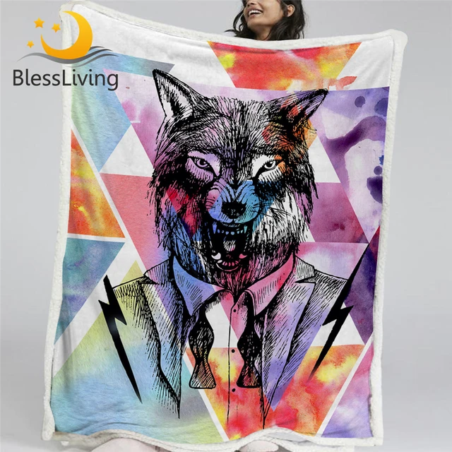 BlessLiving Wolf Blankets For Beds Watercolor Plush Blanket Hipster Animal Fashion Furry Blanket Geometric Colorful couverture 1