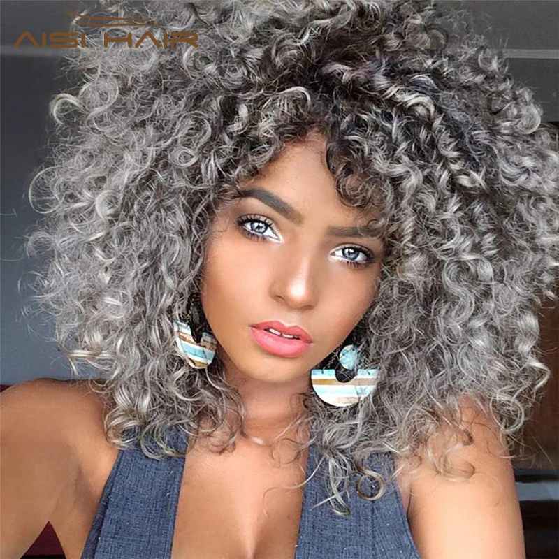 

AISI HAIR 14inches Afro Kinky Curly Wig Ombre Black Gray Wig With Bangs Synthetic Long Wigs for Black Women