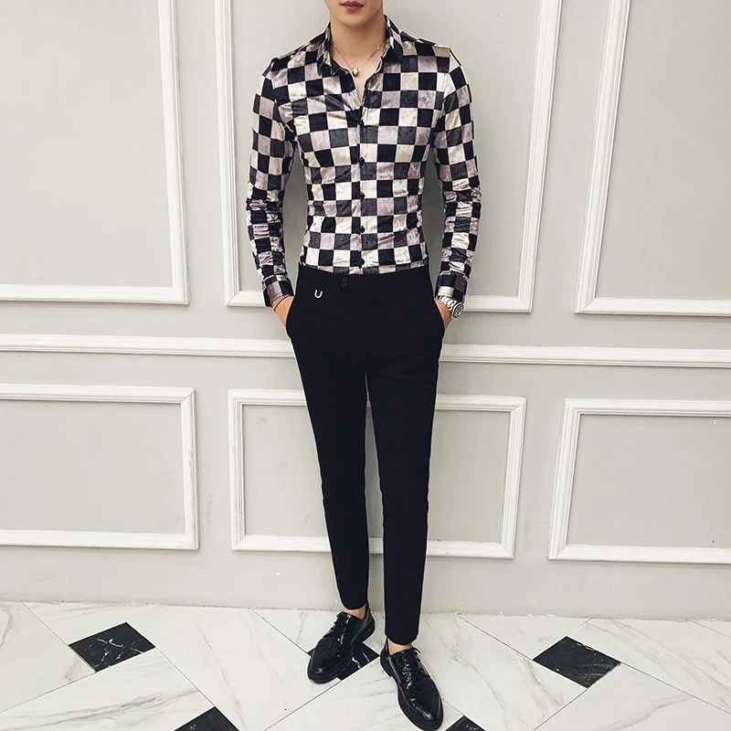 Рубашка мужская приталенная в клетку хлопок бархатная модная повседневная