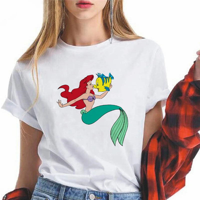 

Female Summer New Fashion Short Sleeve Tshirts Cute Cartoon The Mermaid Graphic Printed Women T-shirt Girls Disney Kawaii Tops