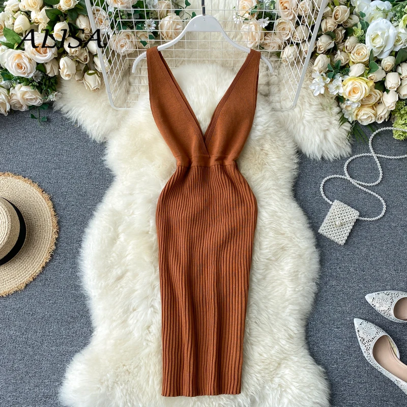 

Sexy Deep V Neck Knitting Dress Women Sleeveless Slim Bodycon Dresses Summer Woman Club Party Short Dress Vestidos Mujer