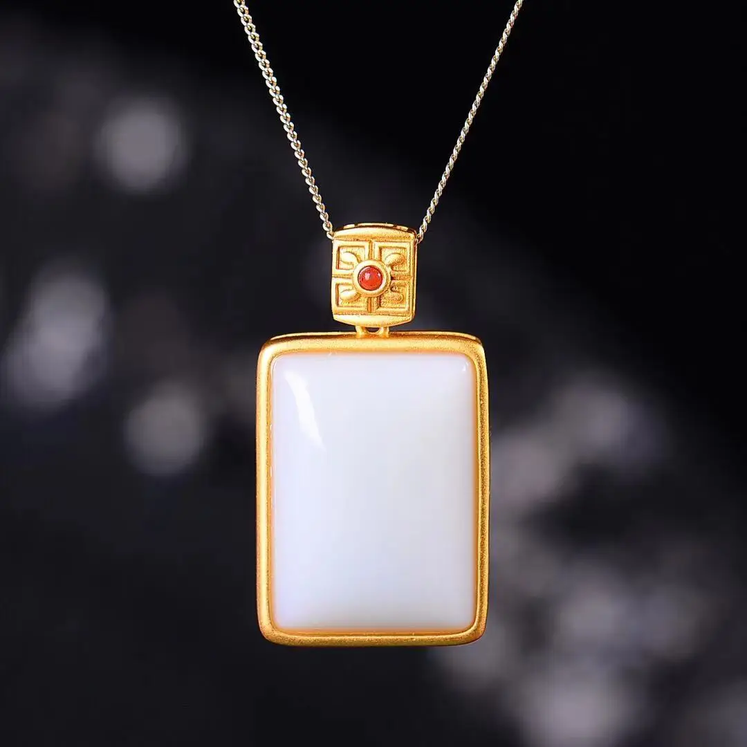 

Natural 925 Silver Inlaid Hetian Jade Square with South Red Pendant