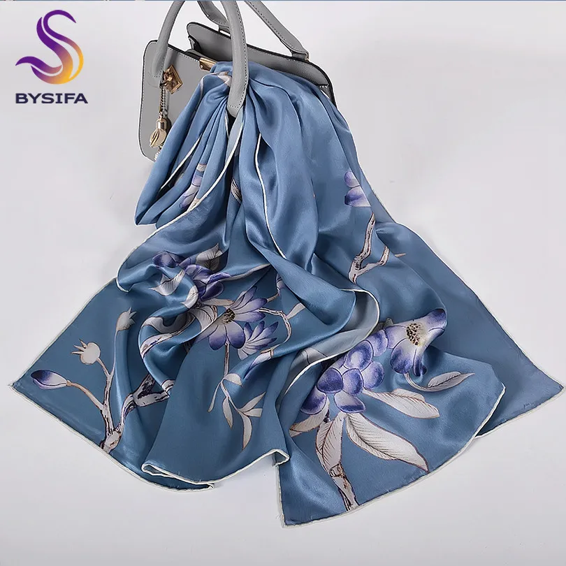 ink blue CZP1915 BYSIFA роскошный шарф из чистого шелка, шаль для женщин, темно-зеленый цветочный длинный шарф, модный бренд, шелк, шейный шарф, 175*52 см - Цвет: ink blue CZP1915