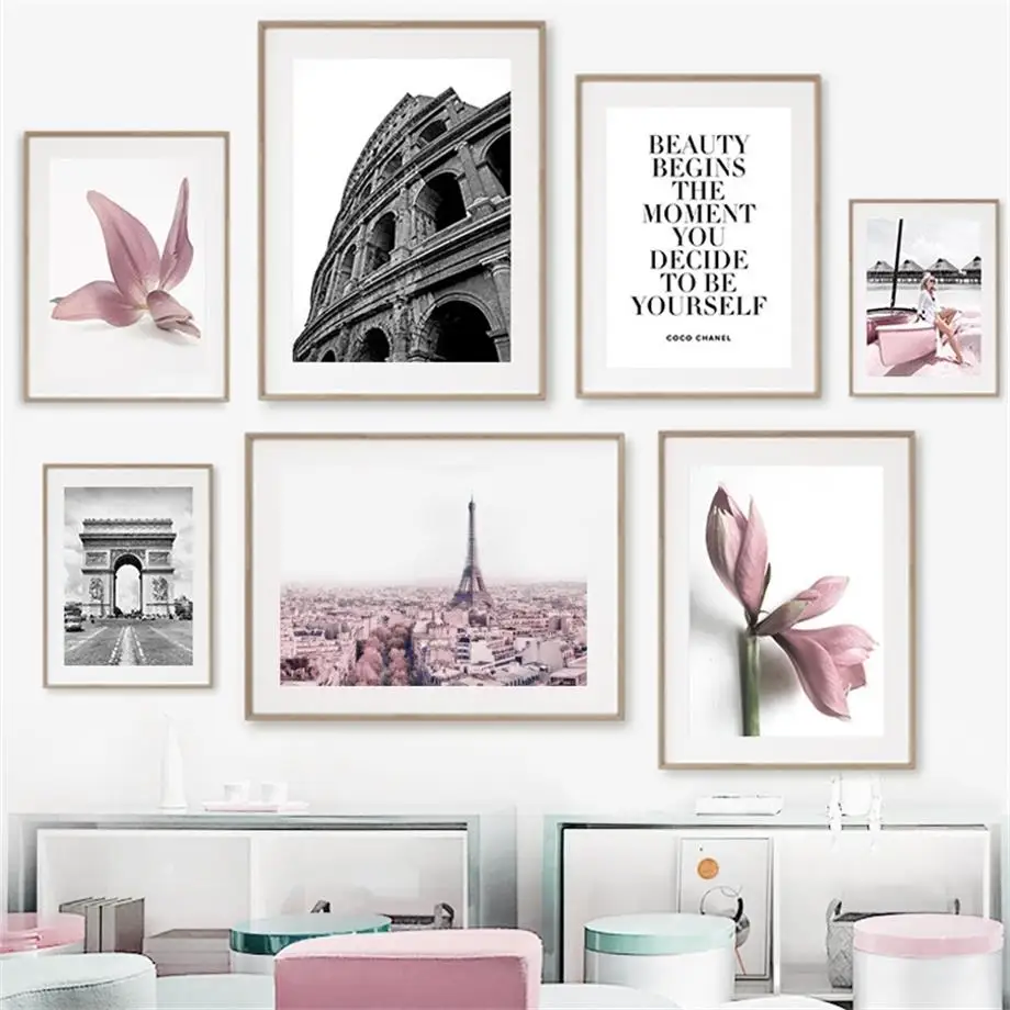 

Pink Magnolia Girl Surf Retro Paris Photo Nordic Posters And Prints Wall Art Canvas Painting Wall Pictures For Living Room Decor