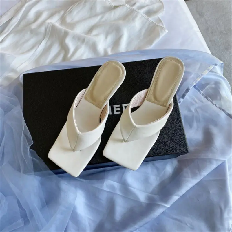 

Meotina Slippers Shoes Women High Heel Sandals Flip Flop Sandals Square Toe Thin Heel Ladies Footwear Summer Blue 2021 Fashion