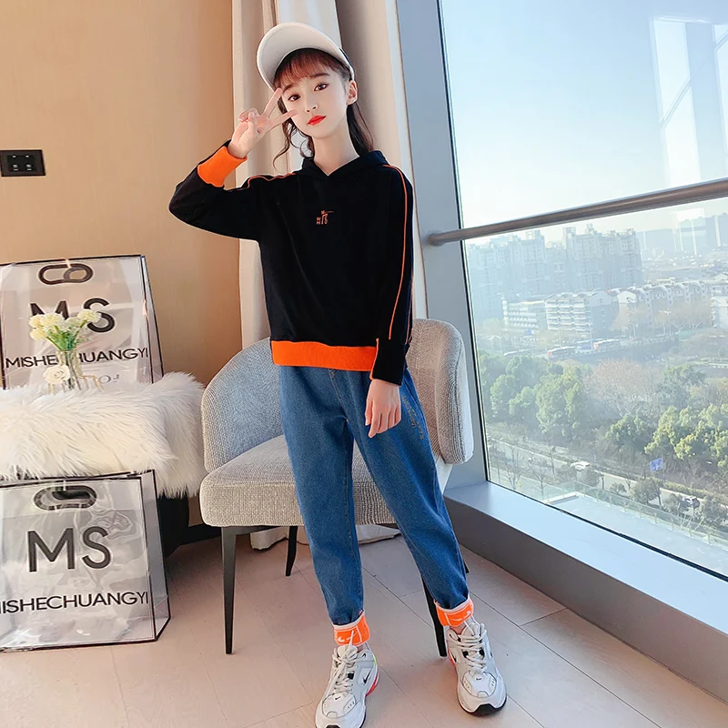 

Tracksuit for Kids Spring Autumn Girls Beauty Clothing Set Korean Hooded Sweater + Jeans Two-Piece Set Teenage Kids Clothes Suit