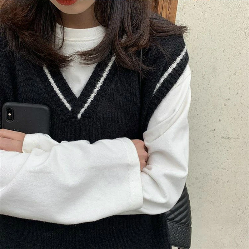 

V-neck Vests Women School Girls Oversize Couple Leisure All-match Knitting Stretchy Korean Style Young Hipster Females Hot Sale