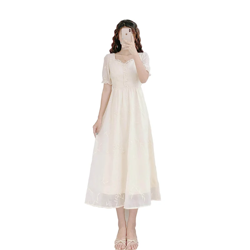 

2021 New Women Summer Dress Fashion Sweet Chiffon Beach Dress Casual Short Sleeve Slim Elegant Office Lady Party Dresses