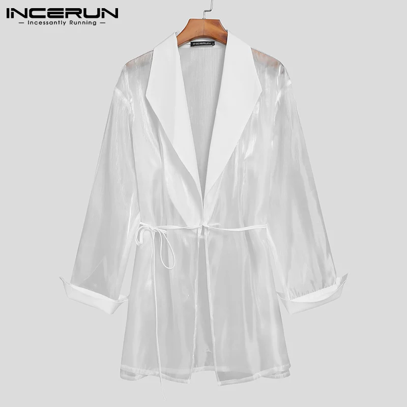 

INCERUN 2021 Men Blazer Mesh Transparent Long Sleeve Lace Up Party Nightclub Suits Men Streetwear Fashion Sexy Thin Coats S-5XL